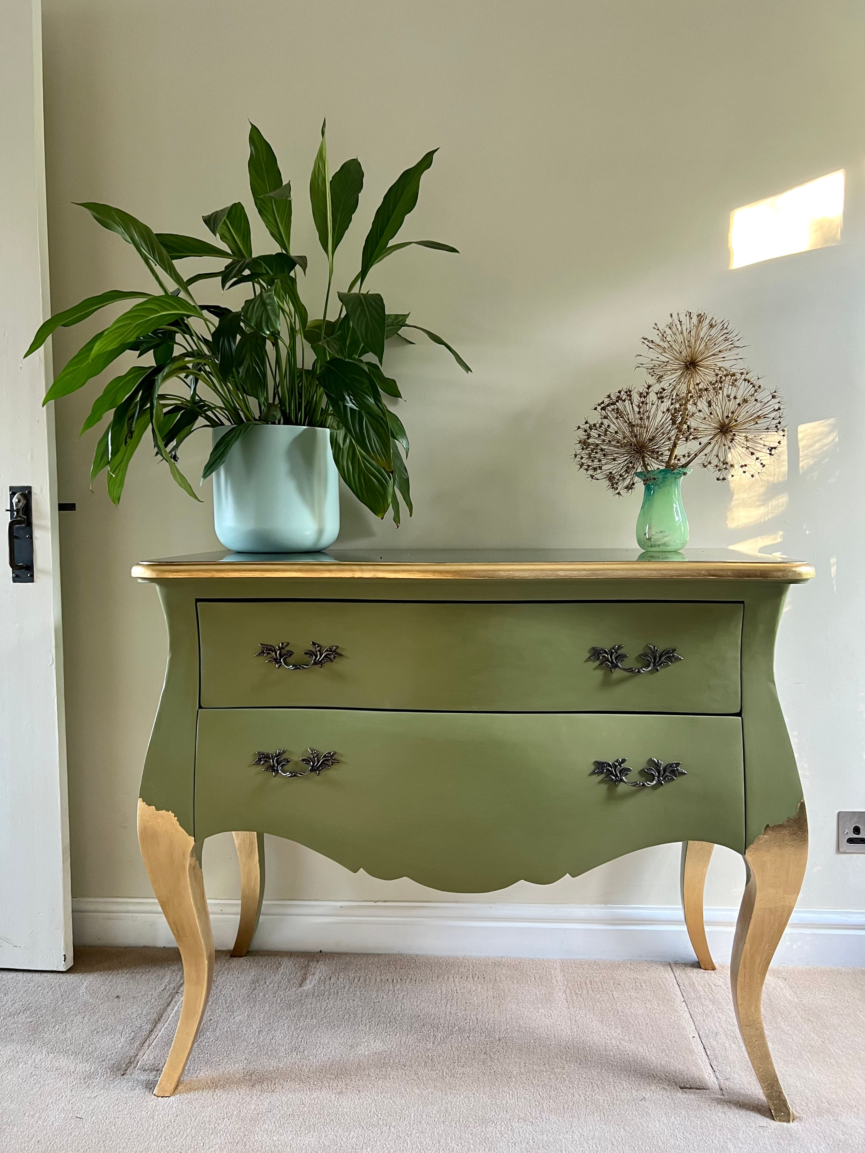 Hand Painted Olive Green & Gold Antique French