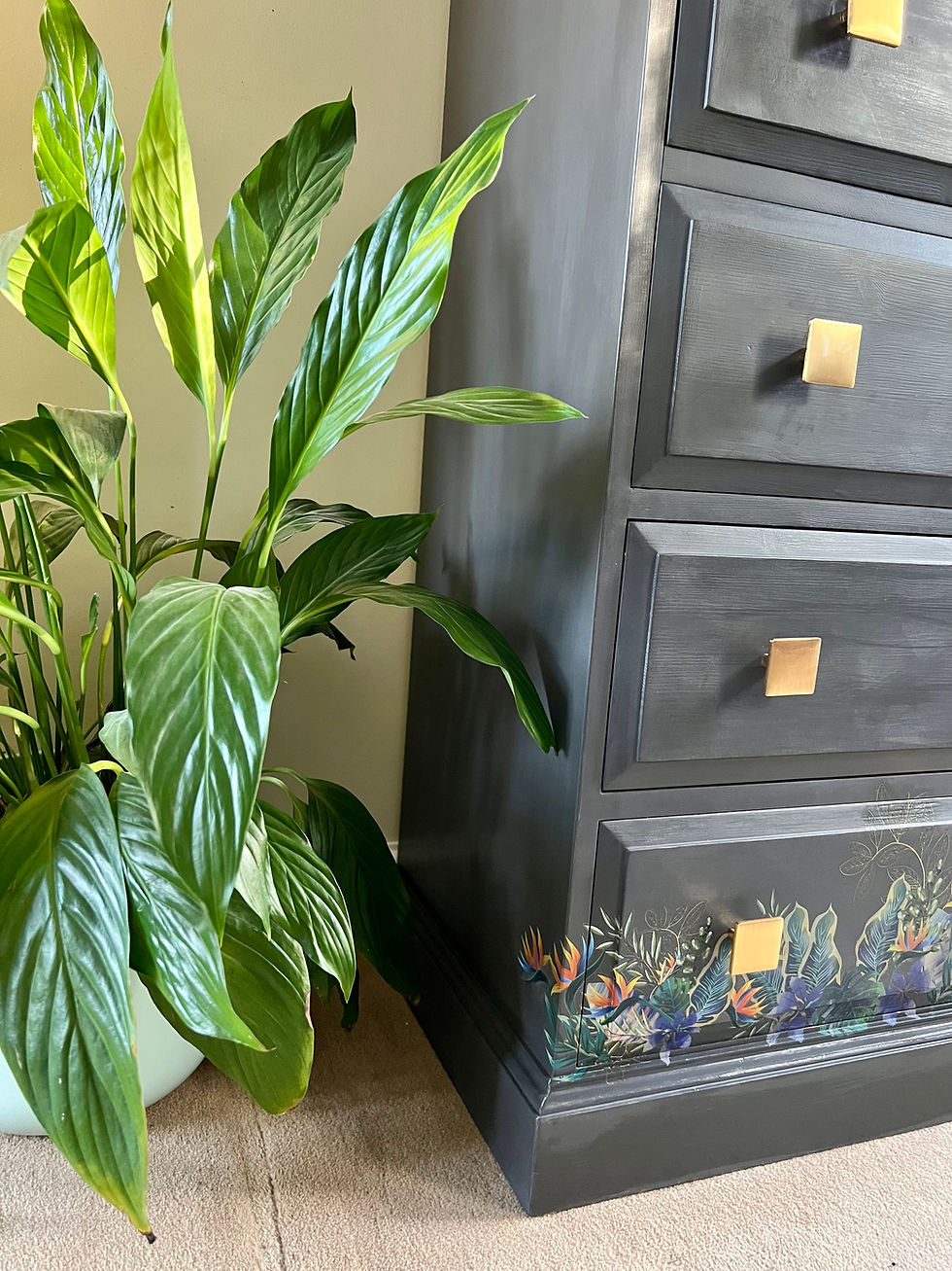 Thumbnail: Hand Painted Dark Grey Tropical Tall Boy Drawers
