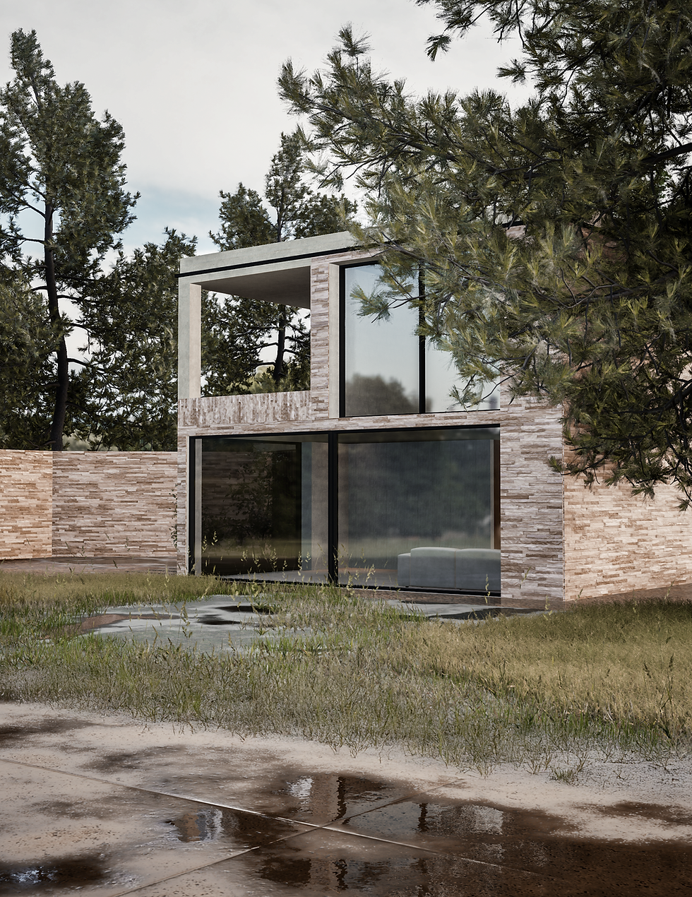 3D visualisatie van een eigentijds huis met grote glaspartijen en een groene tuin