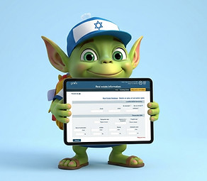 Oleh the Alien the All About Aliyah mascot, holding a tablet showing the official Israeli Gov.il Real Estate Database (Nadlan) to explain how to check actual property sale prices in Israel.
