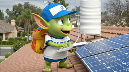 Oleh the Alien, the All About Aliyah mascot, wearing an Israel-themed hat and backpack while using a calculator on a rooftop next to a solar water heater and solar panels.