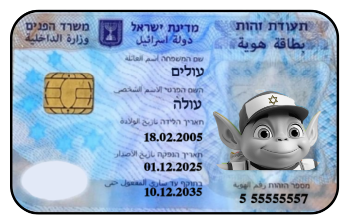 Illustration of an Israeli identity card (Teudat Zehut) for a new immigrant (Oleh), featuring the All About Aliyah mascot, 'Oleh the Alien.