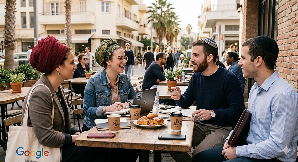 A photo of four young Jewish professionals—two women and two men—sitting at a rustic wooden table outside a Tel Aviv cafe. Each person has a distinct look: one woman wears a maroon headwrap and a brown blazer, while the other wears a green patterned headwrap, glasses, and a denim jacket. One man has a beard and wears a dark sweater and a small patterned kippah, and the other wears a light blue button-down shirt with a black kippah. They are laughing and talking over coffee, pastries, and laptops, with a sunlit street and palm trees in the background.