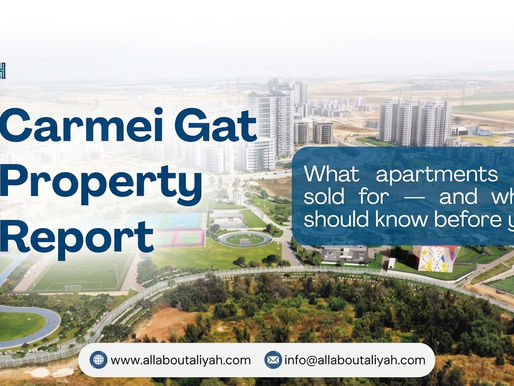 Poster for Carmei Gat Property Report with aerial cityscape, sports courts, All About Aliyah logo, and website/email contacts