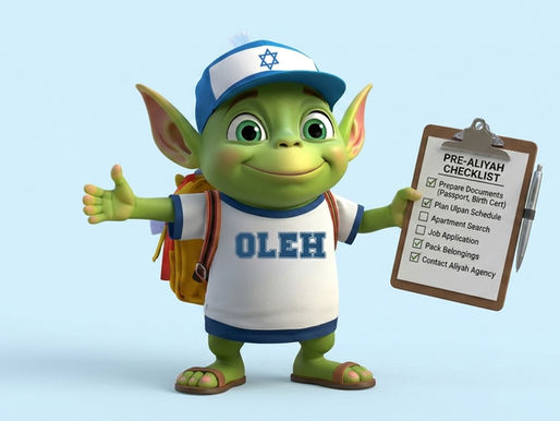 Oleh the Alien the All About Aliyah mascot, smiling while holding a clipboard with a "Pre-Aliyah Checklist" covering document preparation, Ulpan planning, and apartment searching for moving to Israel.