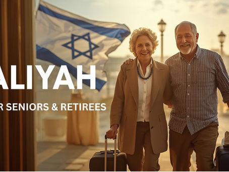 An elderly couple smiling and walking with suitcases in front of a large Israeli flag at an airport, with text overlaying the image that reads "ALIYAH FOR SENIORS & RETIREES.