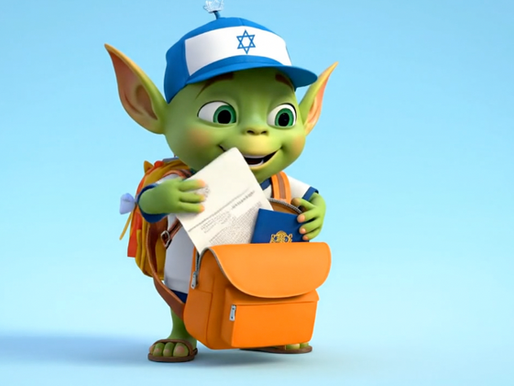 Oleh the Alien, the All About Aliyah mascot, packing his Israeli documents and Teudat Zehut into his backpack for his Misrad HaKlita appointment.