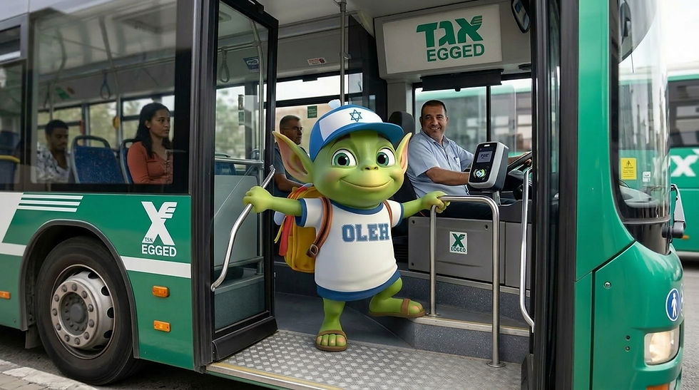 Oleh the Alien, the All About Aliyah mascot, wearing an Israel-themed cap and "Oleh" t-shirt, boarding a green Egged bus while the driver smiles.