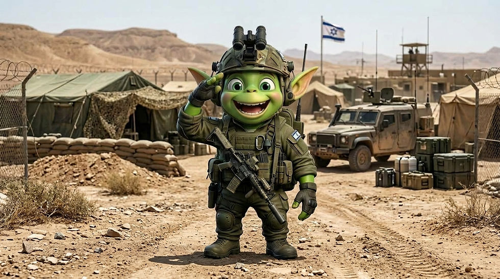 The All About Aliyah mascot, Oleh the alien, wearing full IDF tactical gear including a helmet with night-vision goggles, tactical vest, and slung rifle, saluting at a desert military outpost with tents, a military vehicle, and an Israeli flag in the background.
