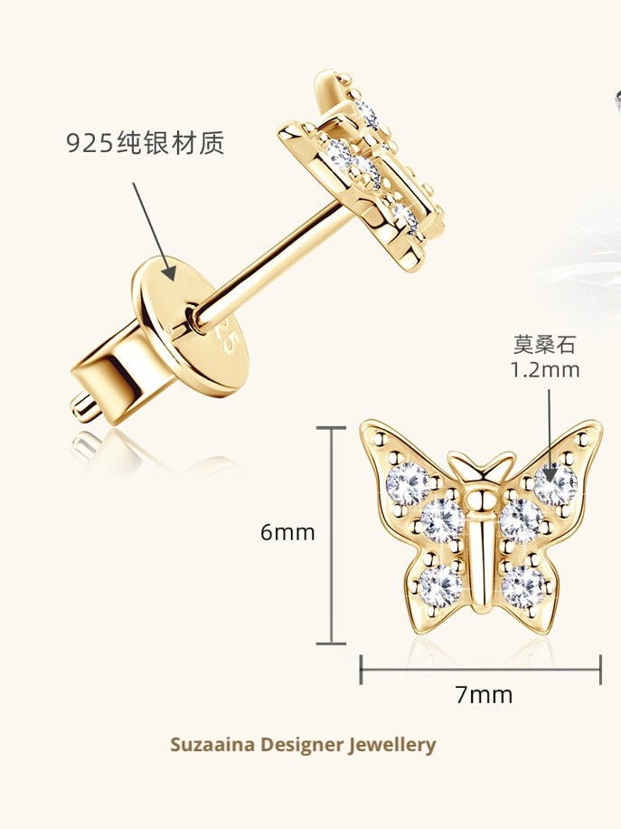 Thumbnail: Butterfly 925 Sterling Silver 18k Gold plated Cubic Zirconia Earrings.