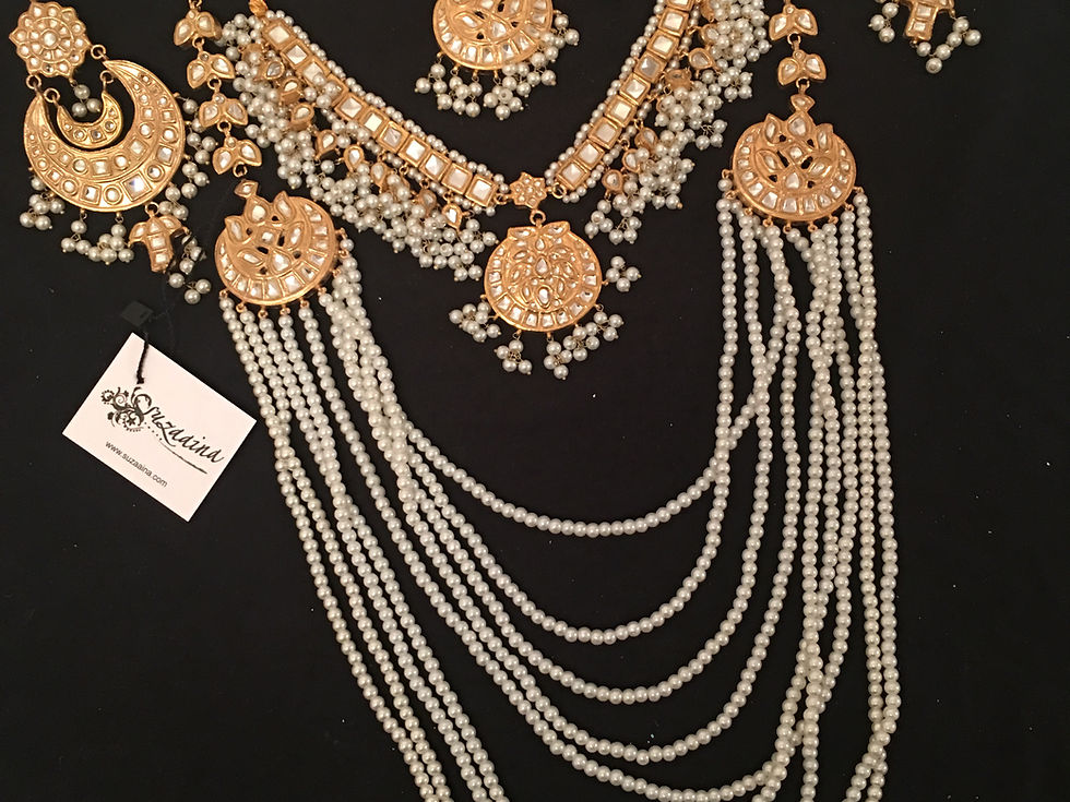 Thumbnail: Fatima 22k Gold plated Kundan and Pearls Royal Bridal Set 