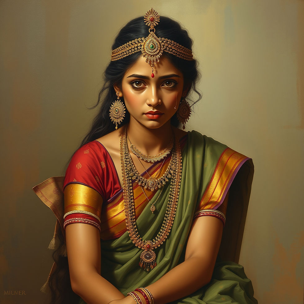 Goddess Vrinda in traditional attire with ornate jewelry, including a green sari and gold accessories, sits against a neutral background, looking serene.