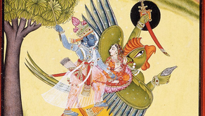 Lord Vishnu and Goddesss Lakshmi ride Garuda, a large bird, holding a bow. Two others observe from the sky. Vibrant, mythical scene.