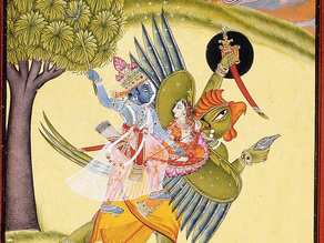 Lord Vishnu and Goddesss Lakshmi ride Garuda, a large bird, holding a bow. Two others observe from the sky. Vibrant, mythical scene.
