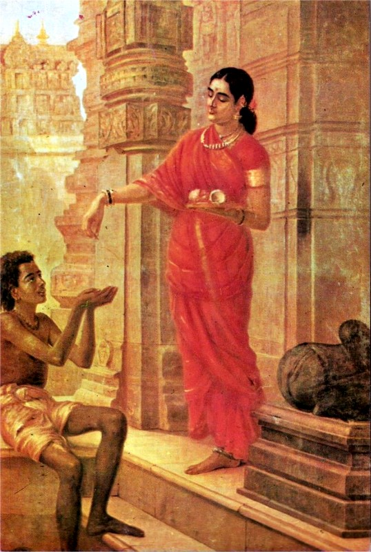 An aristocratic lady coming out from temple and giving alms.