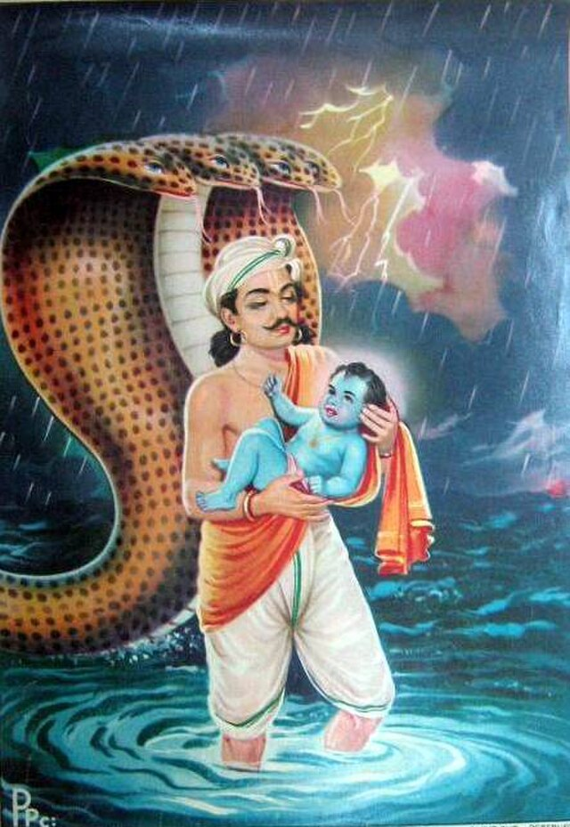 Lord Krishna being carried to Gokul by his father Vasudeva