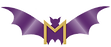 mischief bat logo. Purple bat with gold M motif.