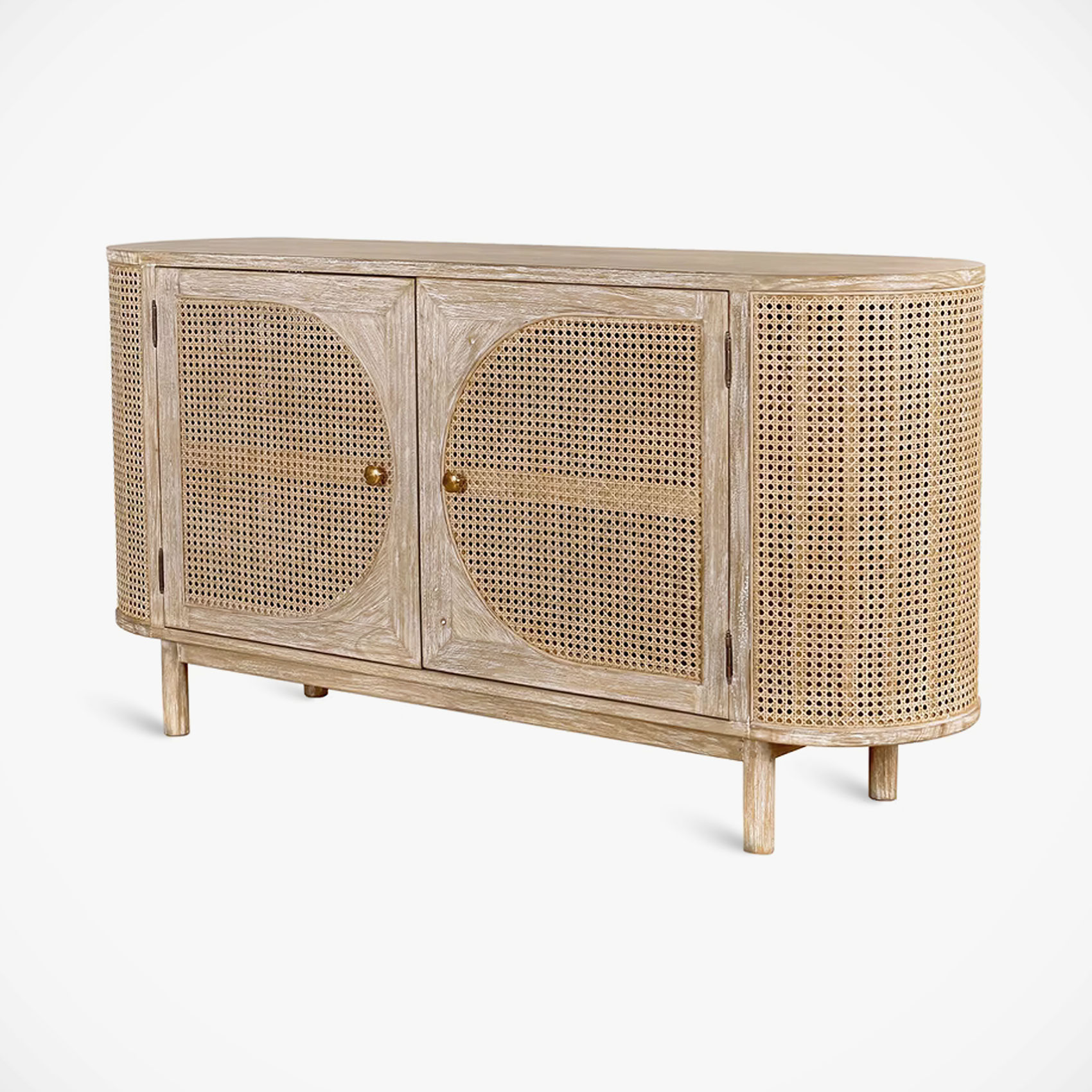 Natural Wood Console Cabinet with Rattan Doors