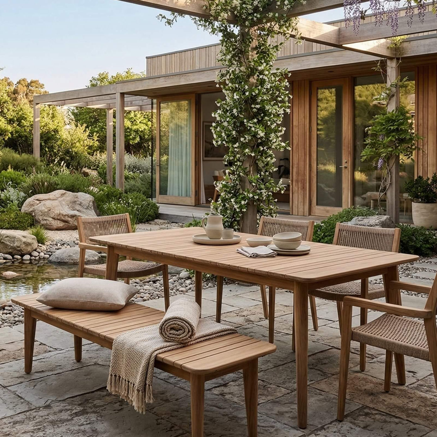 reclaimed teak dining table outdoors