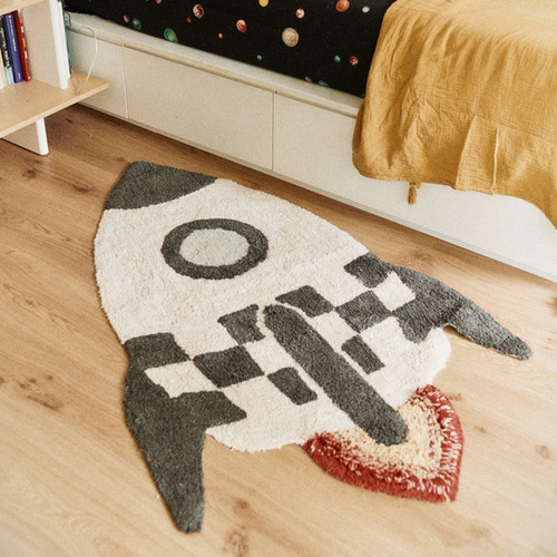 Rocket Ship Washable Kid Rug | Kids Room Space Decor