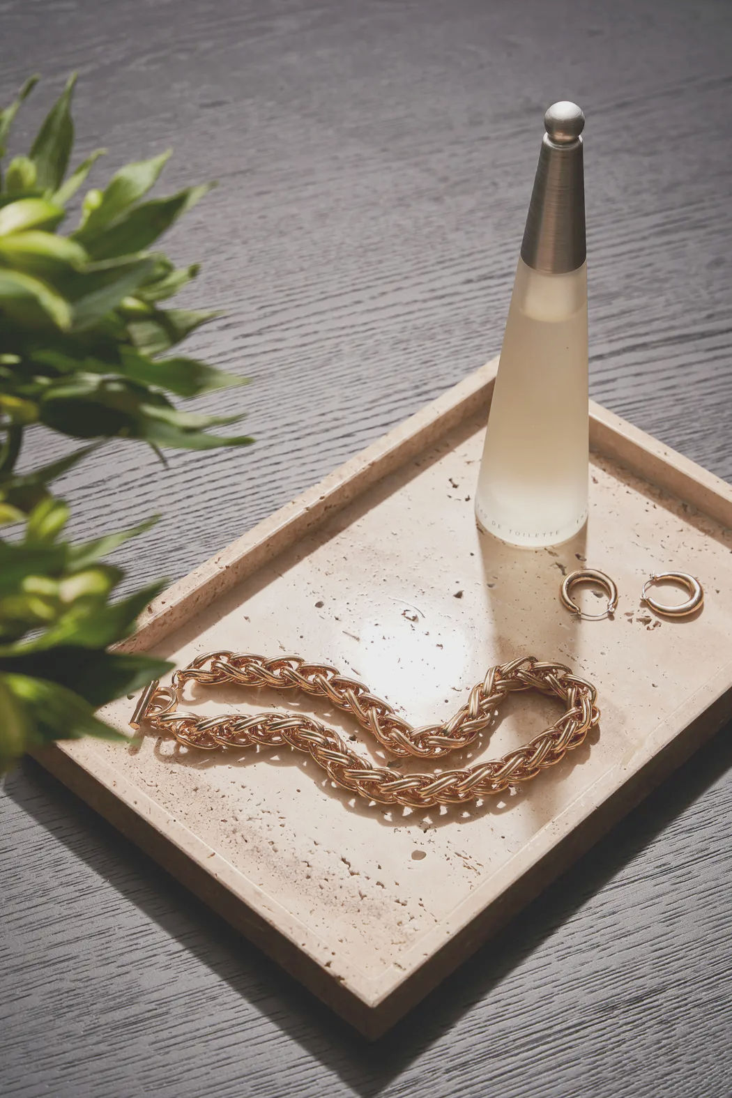 Travertine tray used outdoors to display jewelry and a decorative bottle, styled with greenery and natural light.