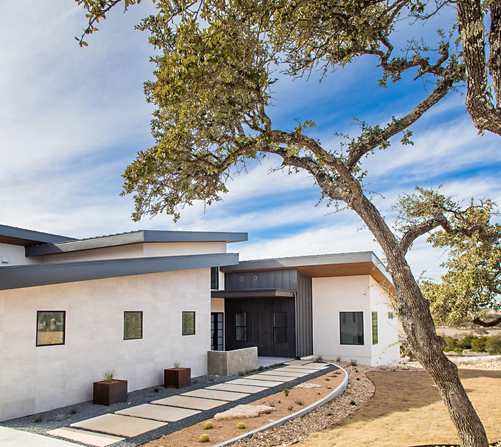 Contemporary white house exterior with a large tree