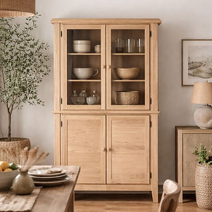 Light wood china cabinet with glass doors, displaying bowls in dining room.