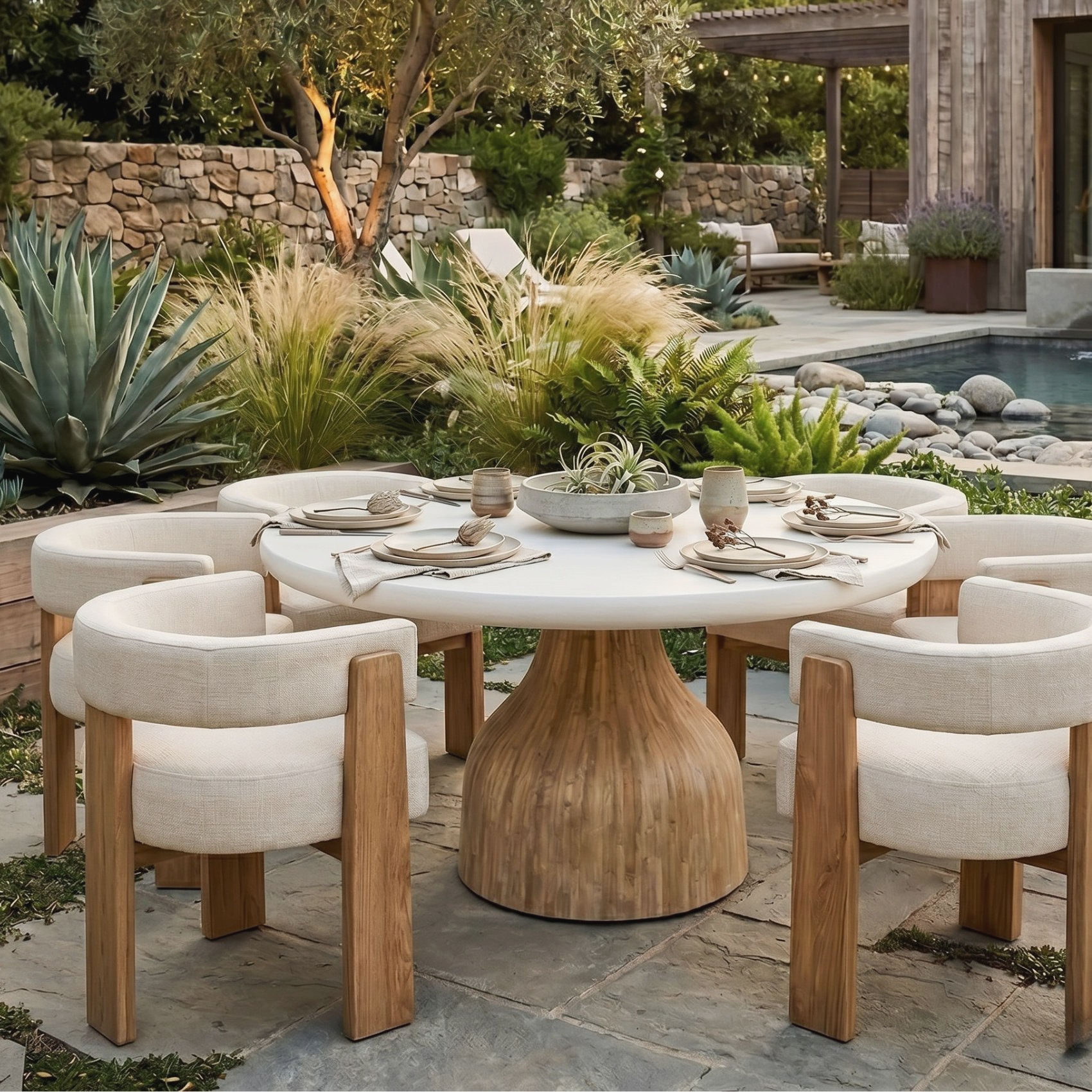 woods and whites round dining table