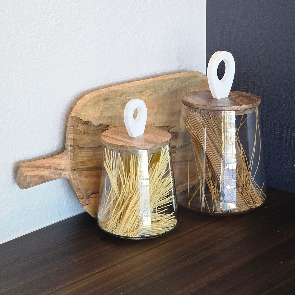wood and glass storage jars