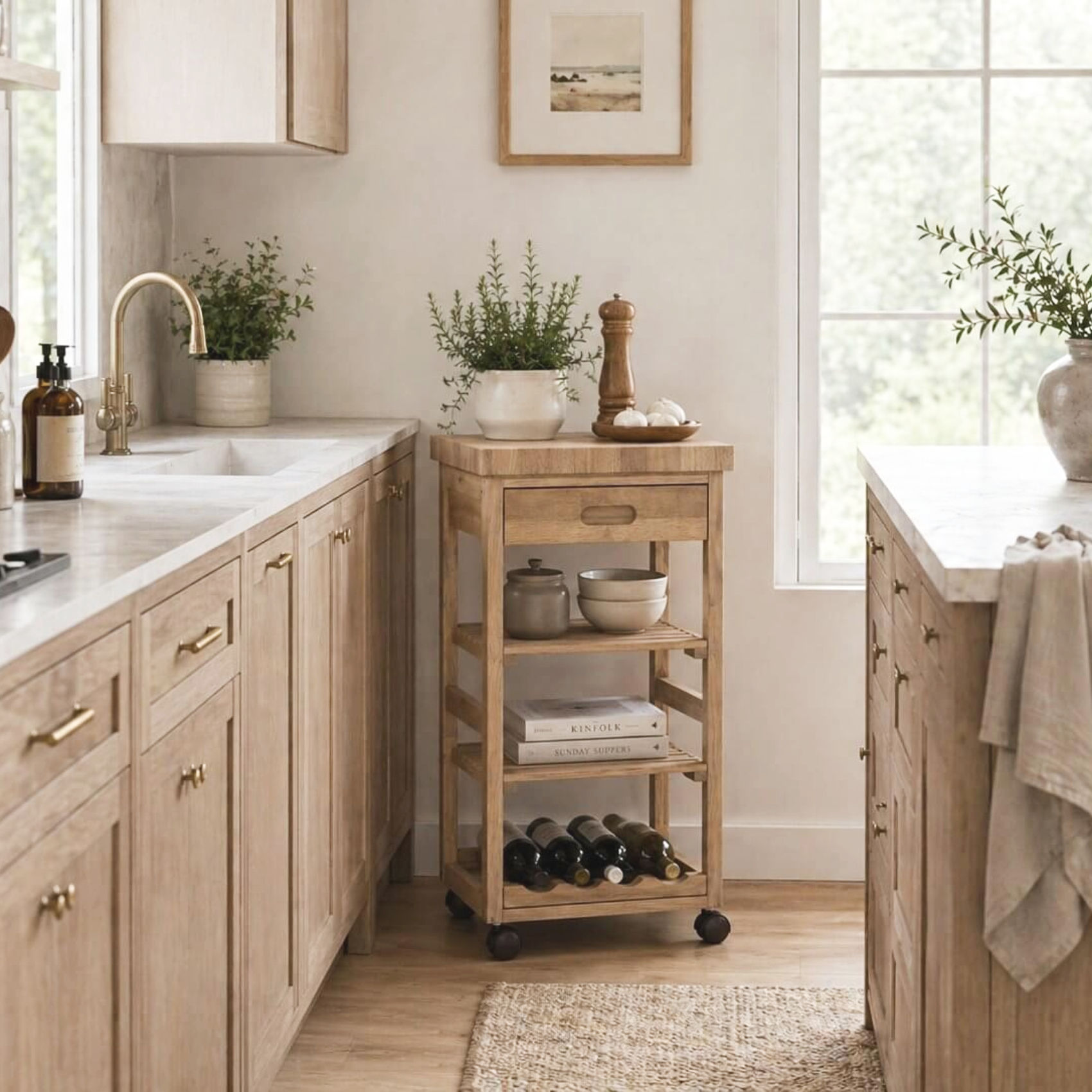 small natural wood kitchen cart