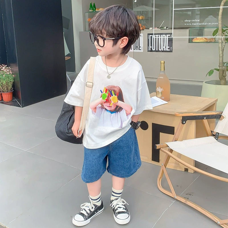 Thumbnail: New Children's Summer Clothes: White Half-sleeved Round-neck T-shirt for Boys Gi