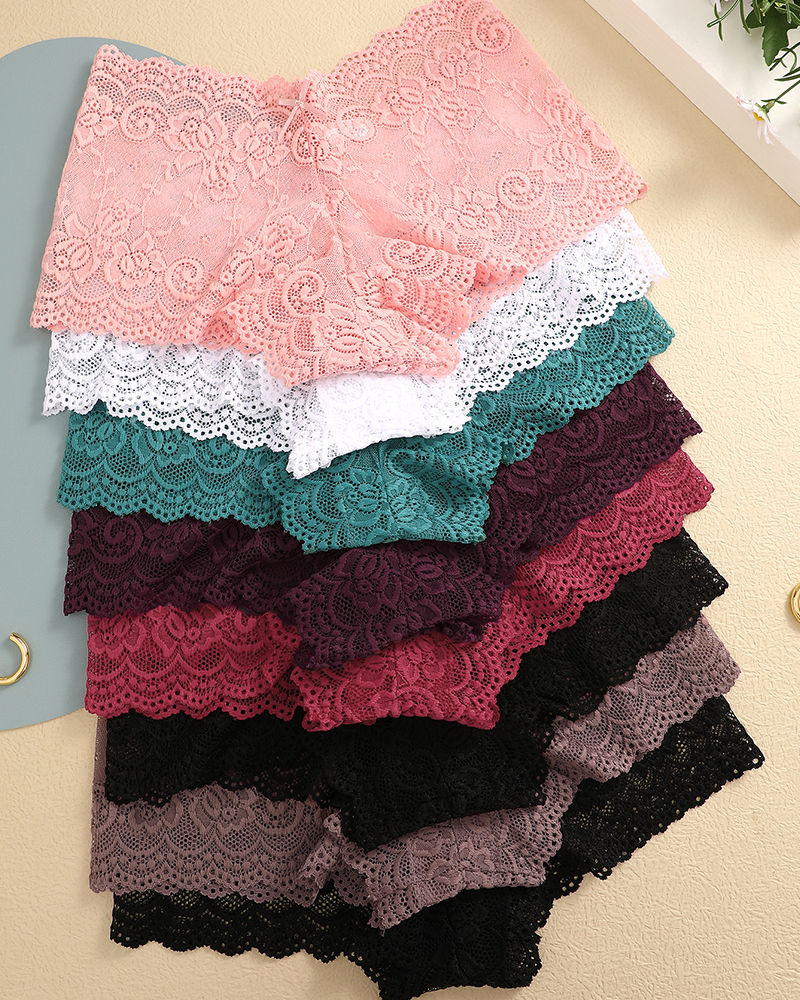 Thumbnail: 8Pcs/Set Sexy Lace Floral Boyshorts Underwear for Women Sexy Hollow Out Solid Pa