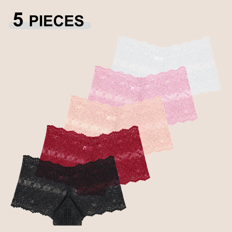 Thumbnail: 5Pcs/Set Sexy Lace Perspective Panties Solid Color Hollow Out High Waist Star Bo