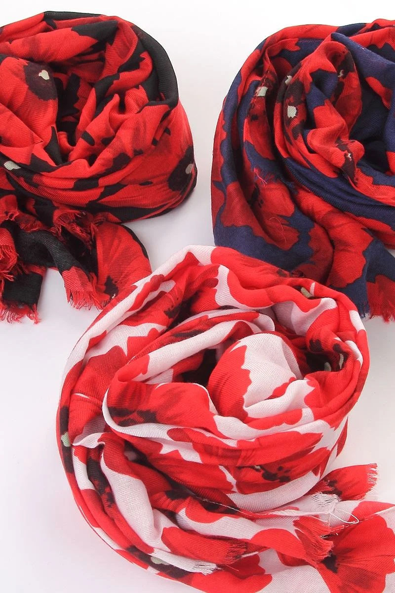 Bold Red Poppy Print Frayed Scarf