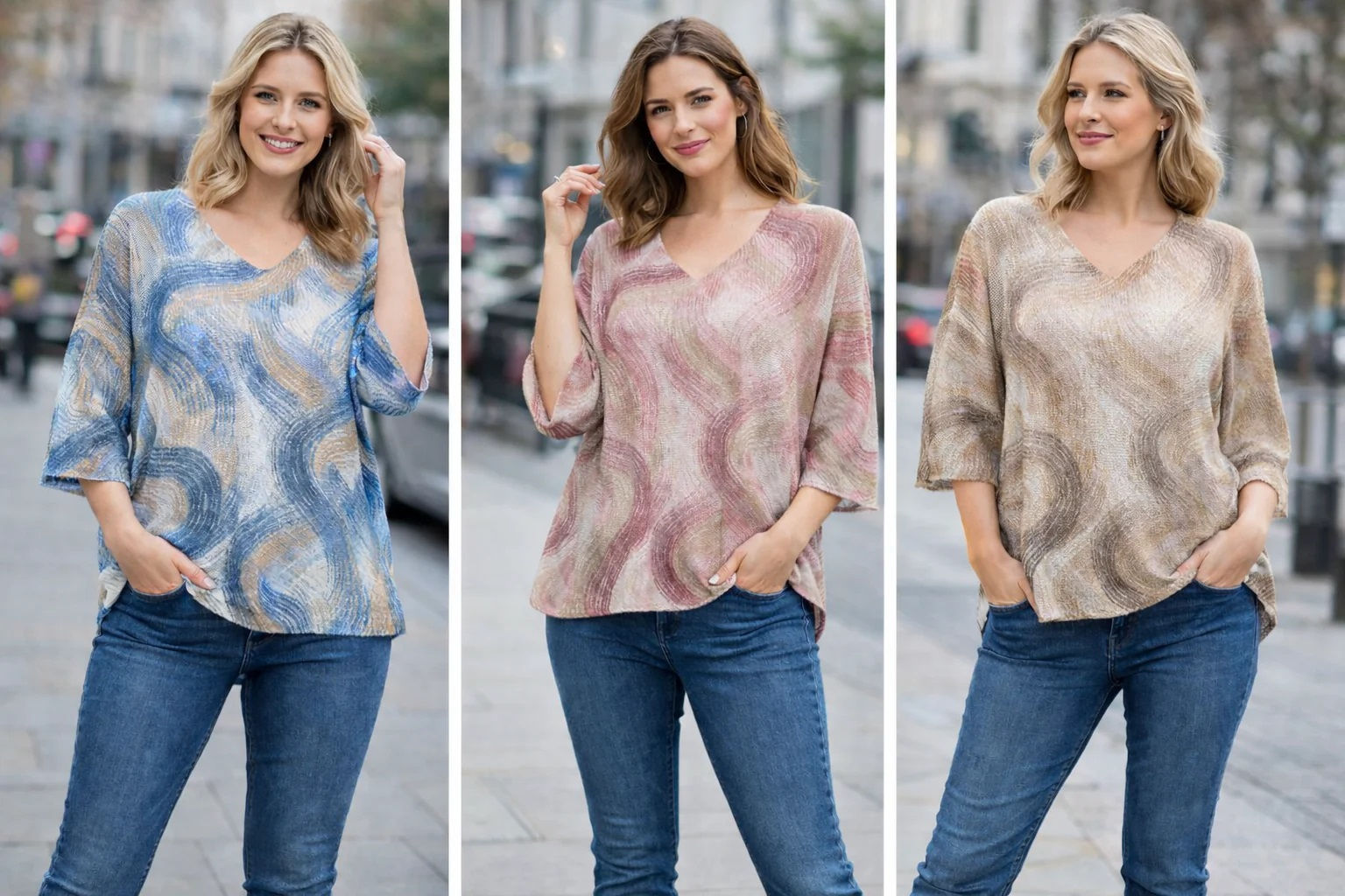 Swirls Print V Mesh Fine Knit Top