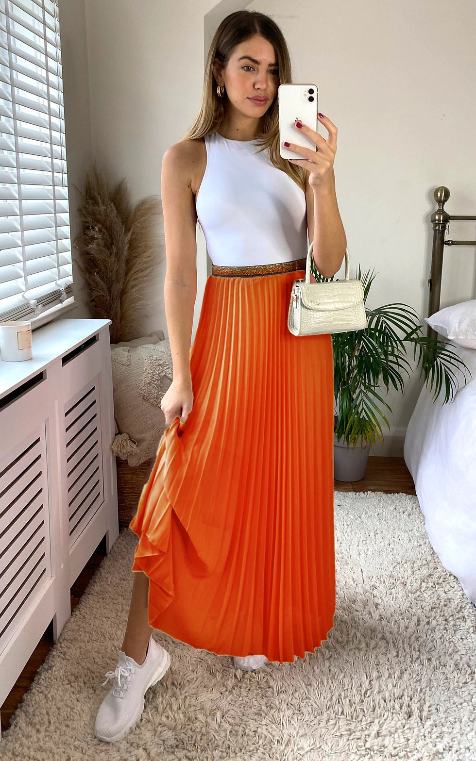 Orange Pleated Maxi Skirt