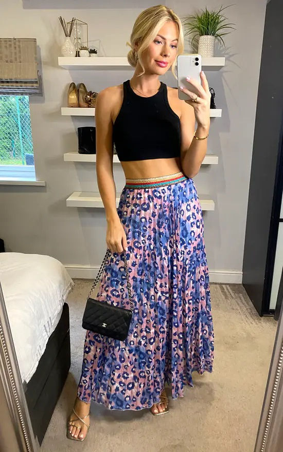 Blue and Pink Leopard Maxi Pleated Skirt