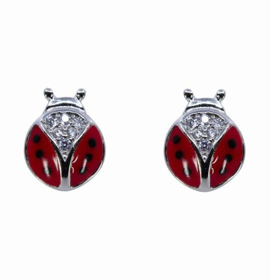 925 Silver Clear CZ Enamelled Ladybird Earrings