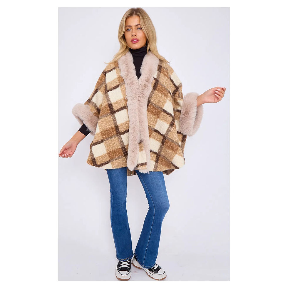 Thumbnail: Faux Fur Front Opening Check Cape