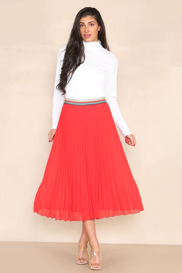 Red Pleated Midi Skirt