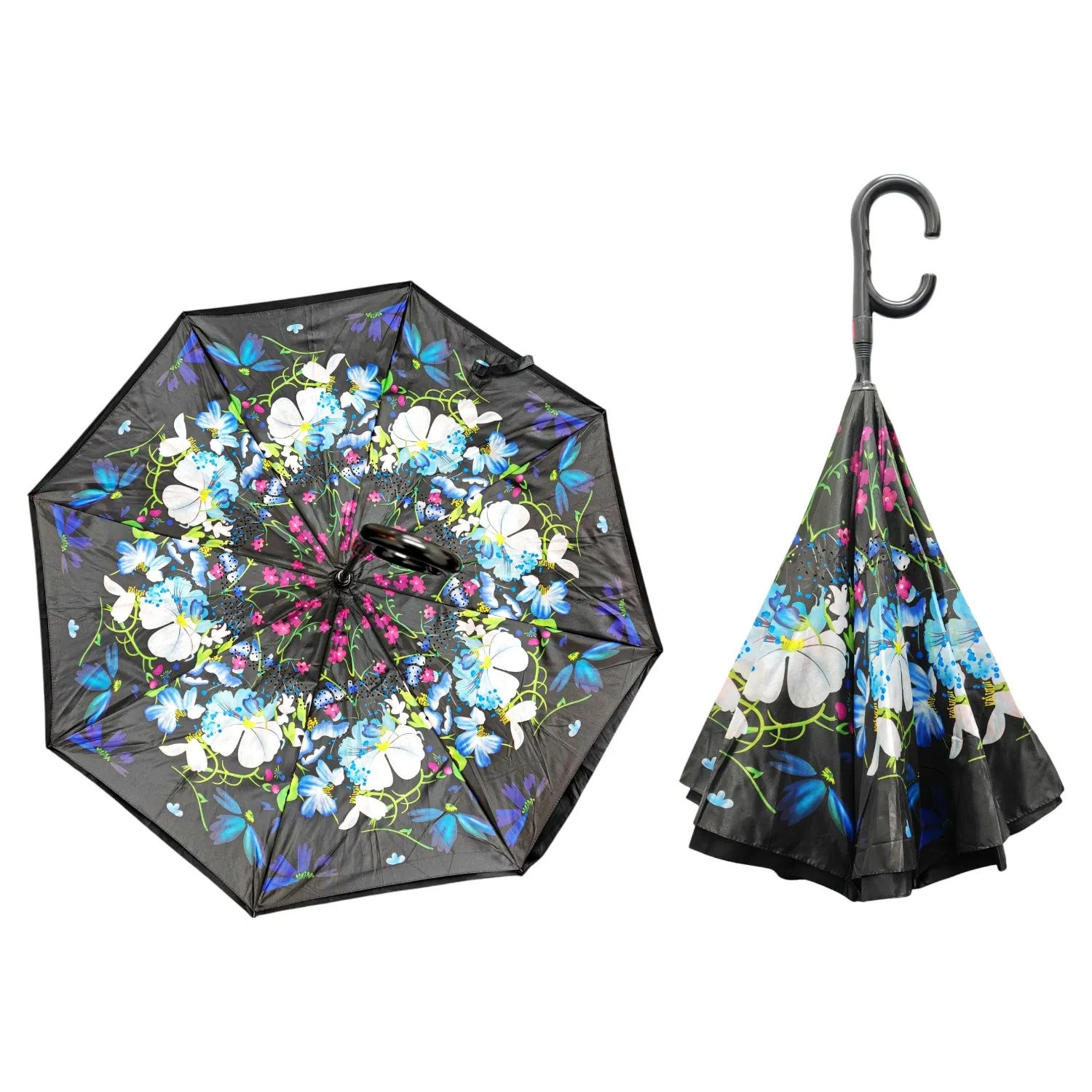 Blue and Grey Flower Automatic-opening Printed Upside Down Umbrella
