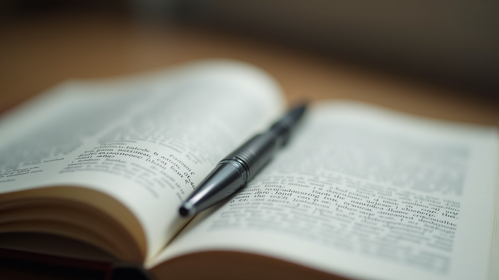 Close-up view of an open book with a pen resting on its pages