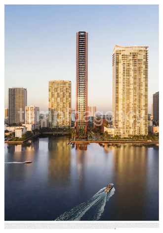 Render de Villa Miami al atardecer sobre el frente de agua de Edgewater, Miami.