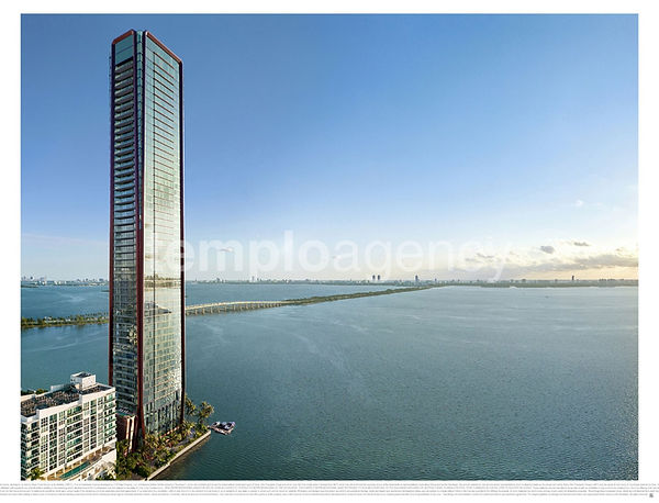Render de Villa Miami frente a Biscayne Bay, con su estructura exterior de tono bronce en Edgewater.