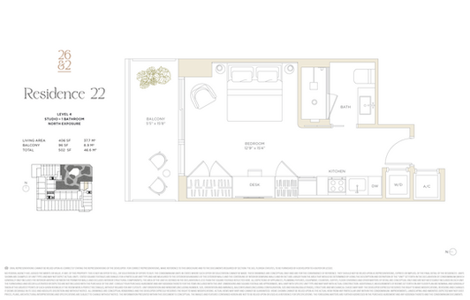 Plano del estudio 422 de Twenty Sixth & 2nd Wynwood, con baño y balcón