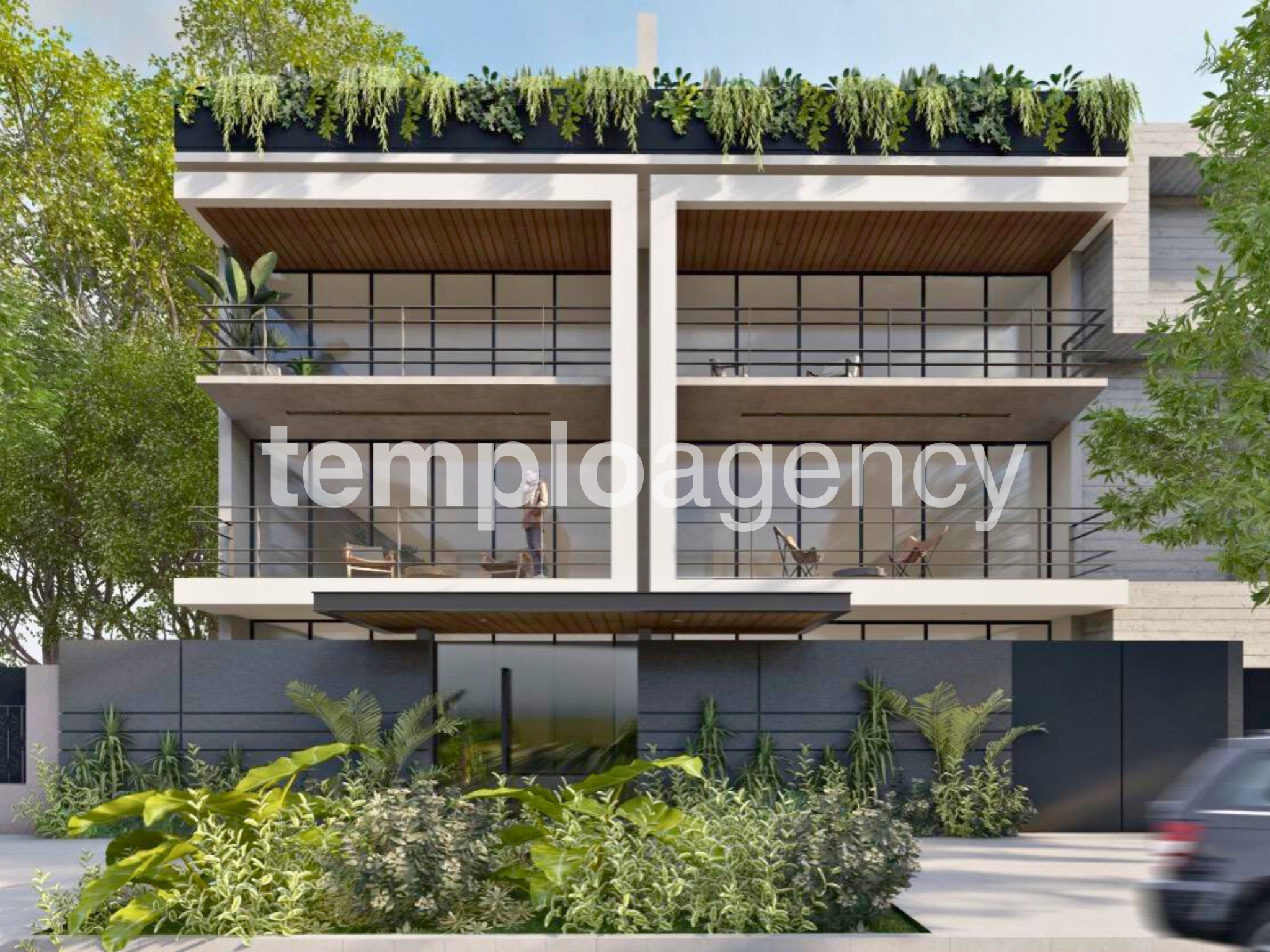 Render de la fachada de Tennyson I en Polanco, con balcones y terraza superior