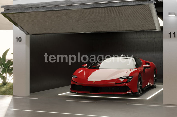 Garaje privado con un automóvil deportivo.