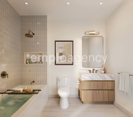 Baño con ducha y mueble de mármol en The Cloud One Wynwood