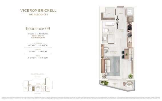 Plano del estudio Residence 09 de Viceroy Brickell, con terraza y aproximadamente 50 m²
