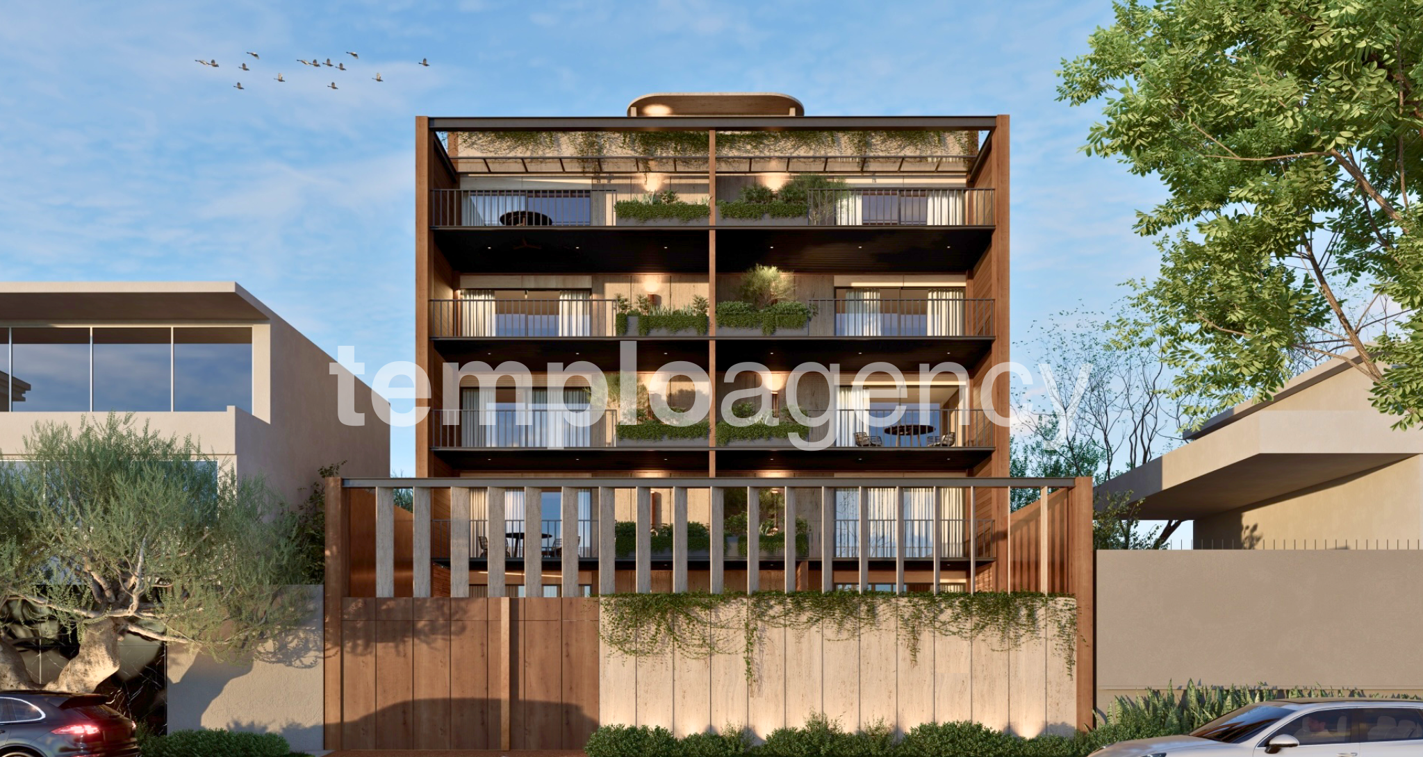Render la fachada desarrollo en preventa en calle Fuente del Pescador 53 en Lomas de Tecamachalco. Desarrollado pro Bardasano arquitectos